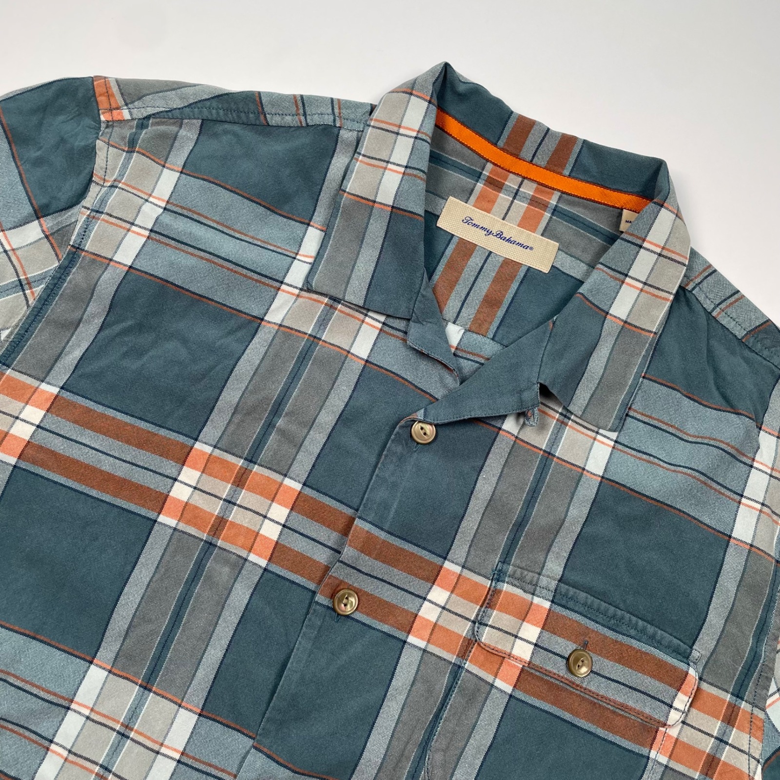 Tommy Bahama Mens Large Silk Plaid Camp Shirt Teal Blue Orange Short Sleeve